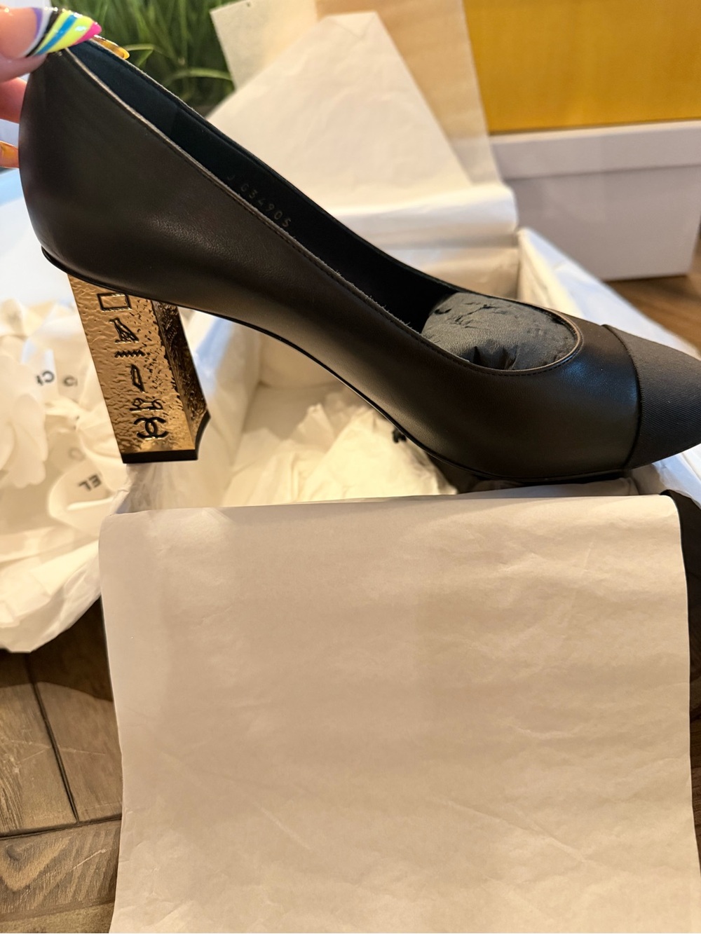 CHANEL Black Leather Pumps with Gold Script Block Heel